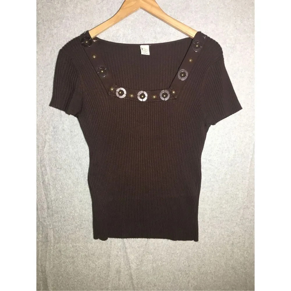 Womens R.E.Q Blouse Square Neckline Brown Beaded Buttons Vintage 2000s Y2K